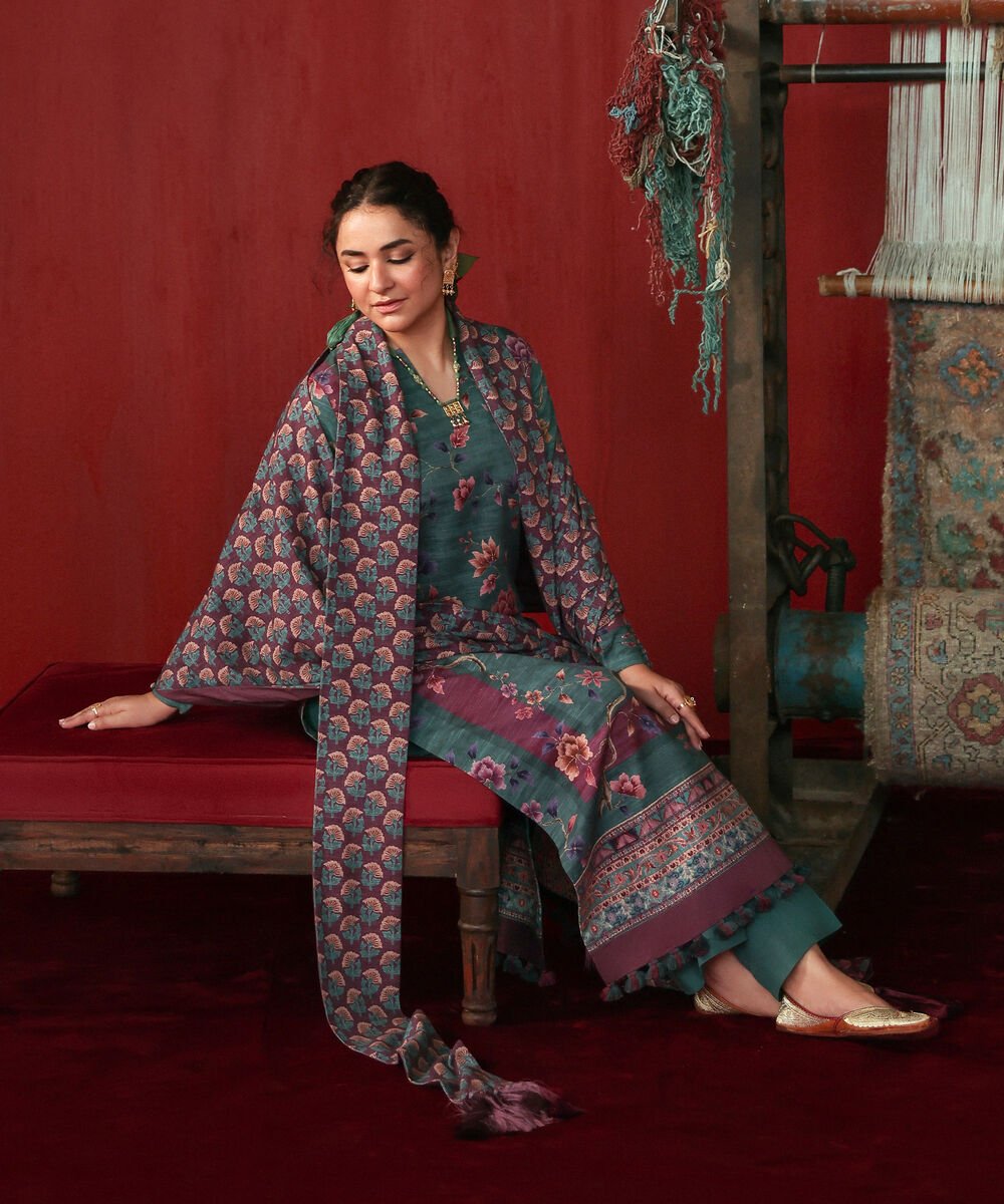 3 Piece - Printed Khaddar Suit Women's Unstitched Khaddar Printed Green 3 Piece Suit