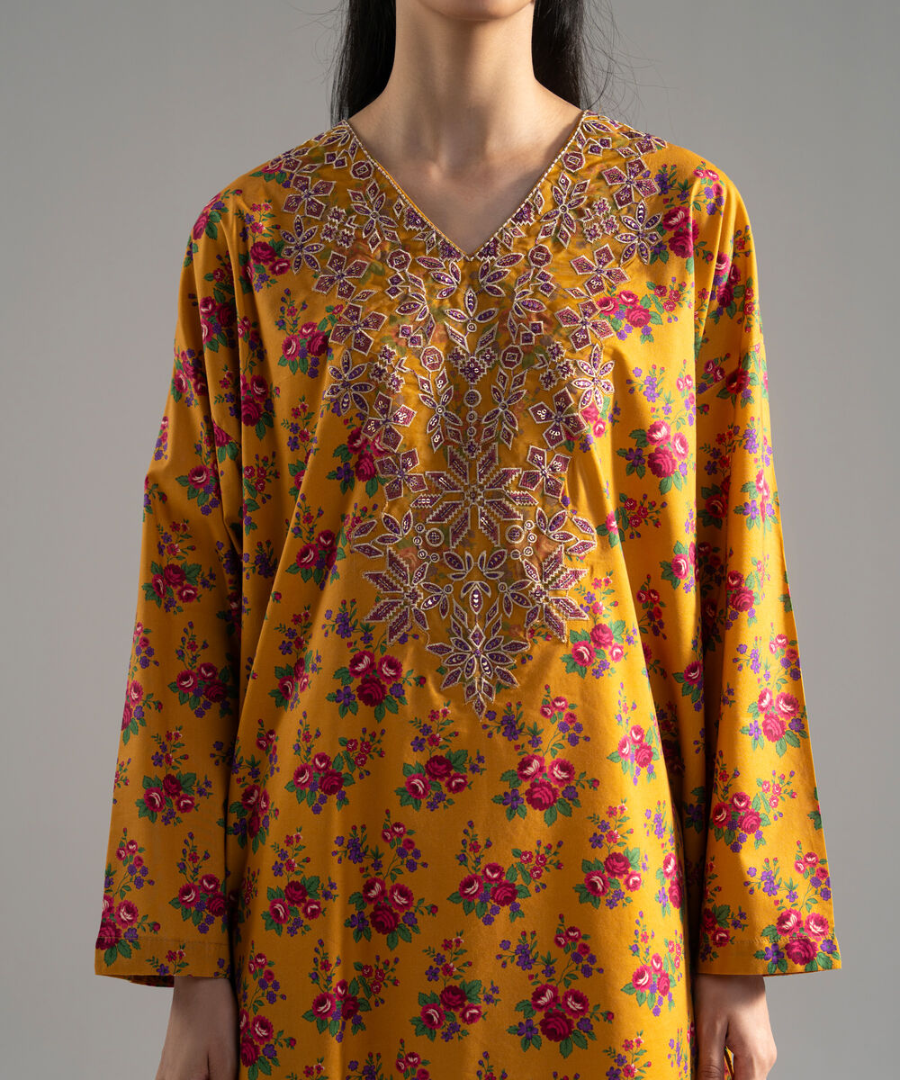 Women's RTW Cotton Viscose Printed Embroidered Mustard Yellow 2 Piece Suit
