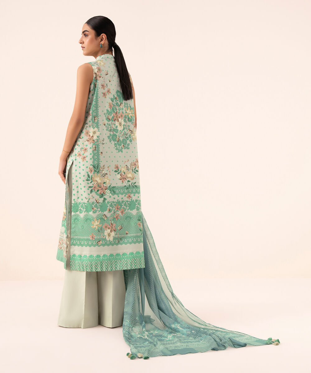 Women's Unstitched Cotton Viscose Embroidered Green 3 Piece Suit