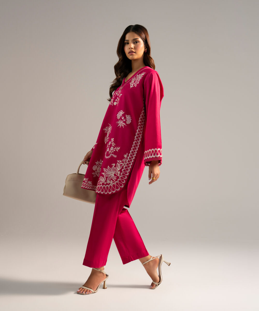 Women's RTW Crosshatch Embroidered Pink Straight Shirt