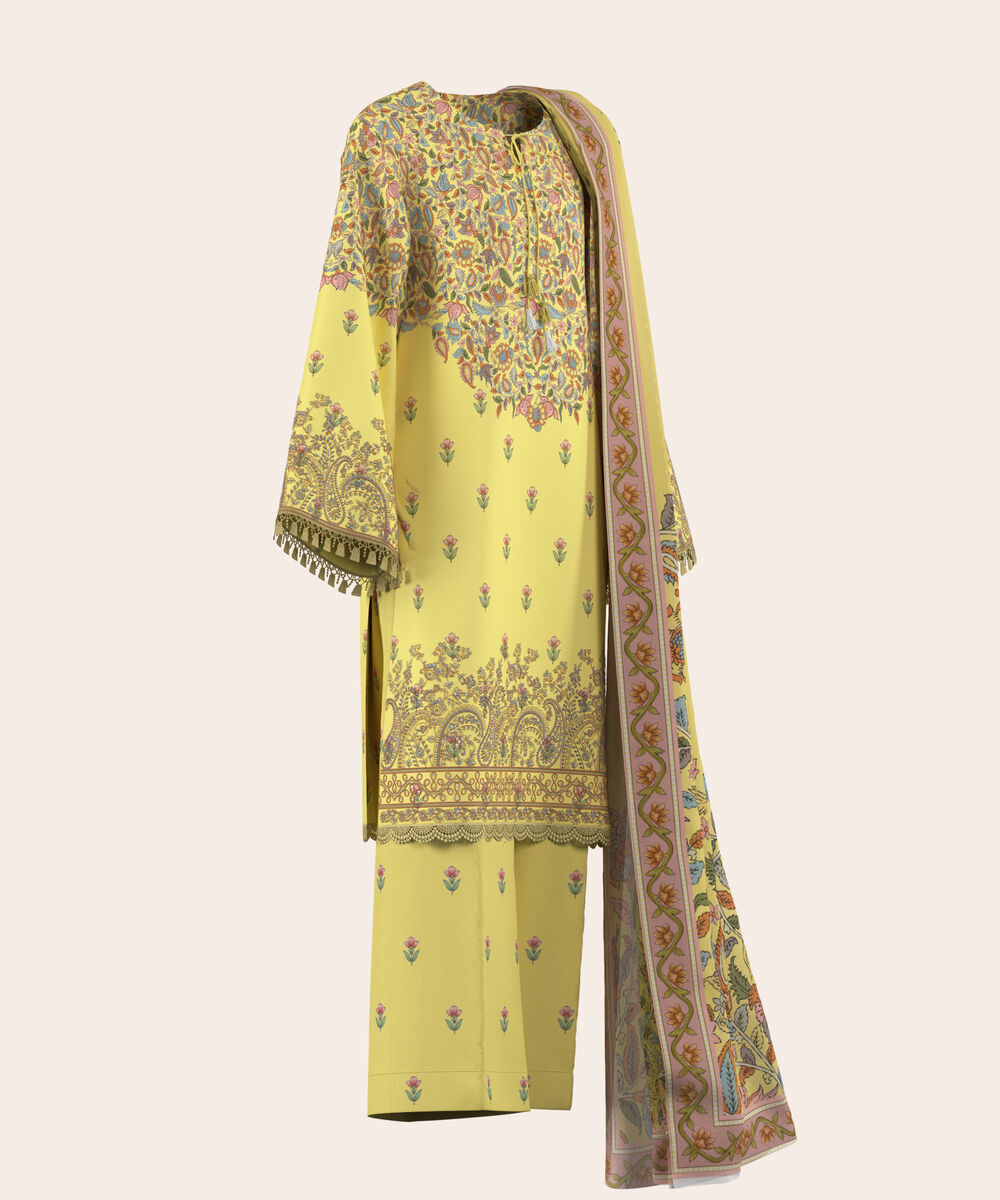 Women's Unstitched Lawn Yellow  Embroidered 3 Piece Suit