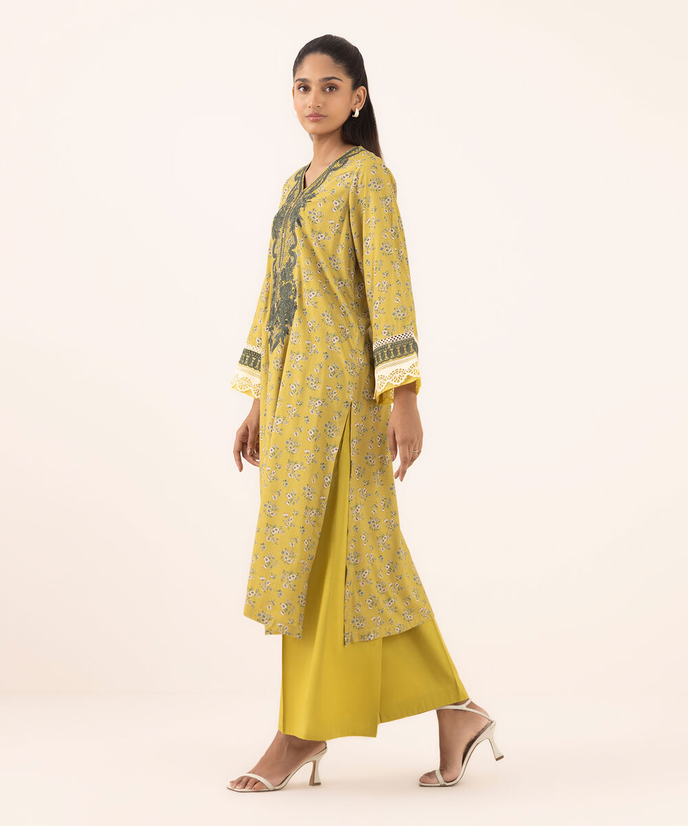 Women's RTW Arabic Lawn Yellow Embroidered A-Line Shirt