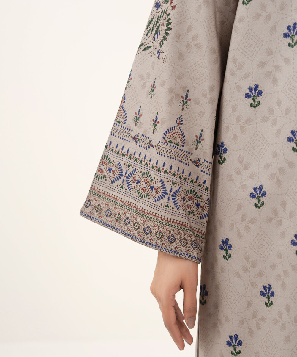 Women's Unstitched Printed Linen Beige 3 Piece Suit