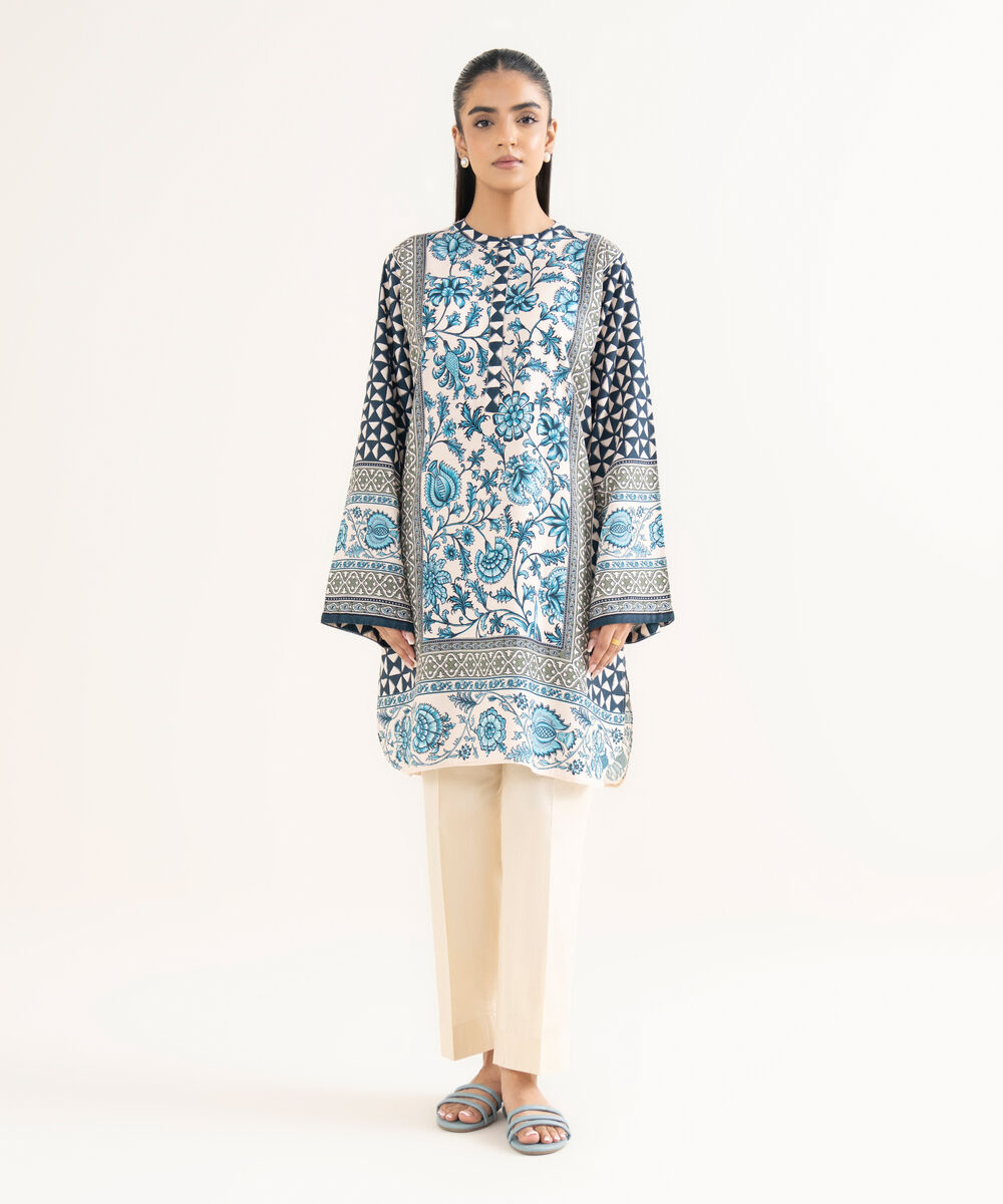 Women's RTW Textured Viscose Printed Drop Shoulder Blue Shirt