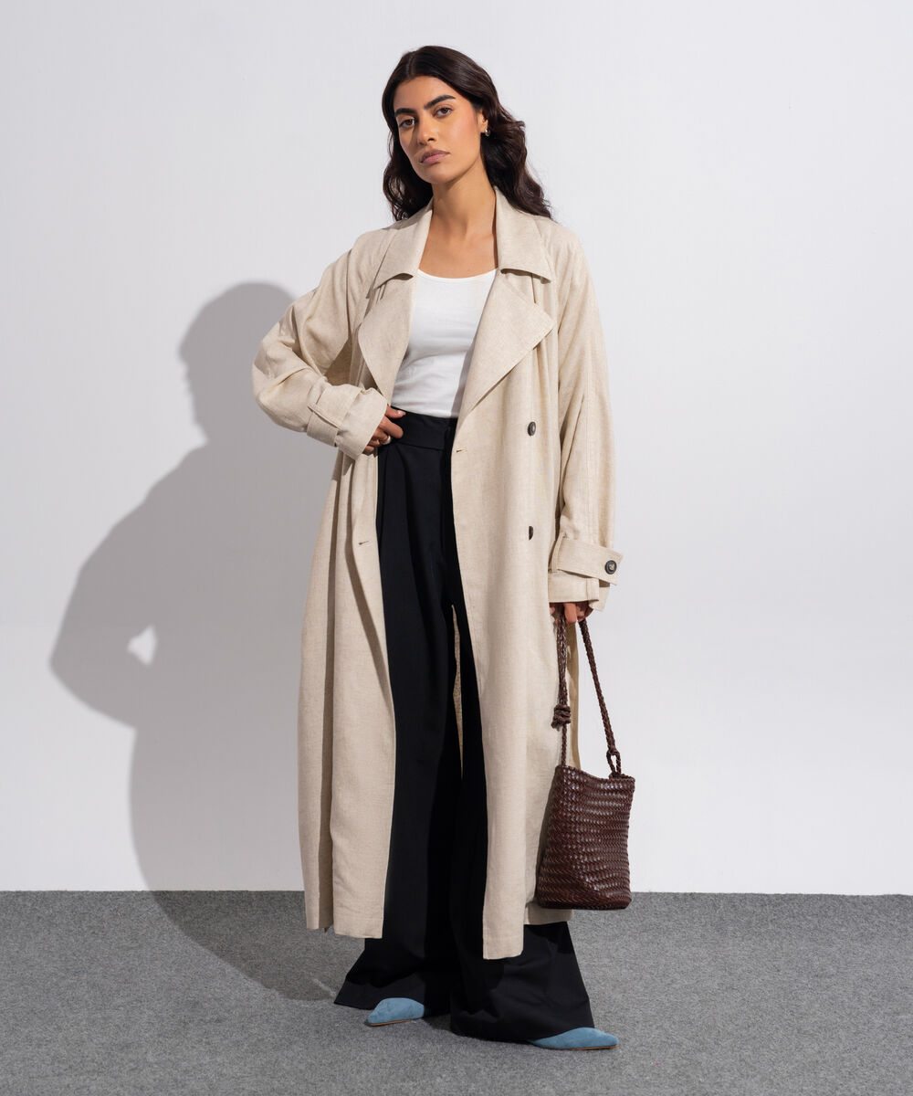 Women's Western Wear Linen Blended Beige Trench Coat