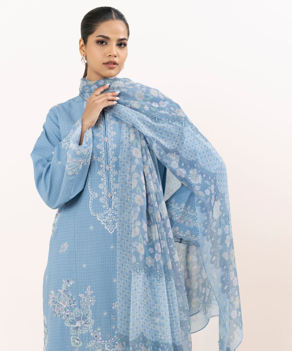 Women's Unstitched Linen Jacquard Dyed Three Piece Suit