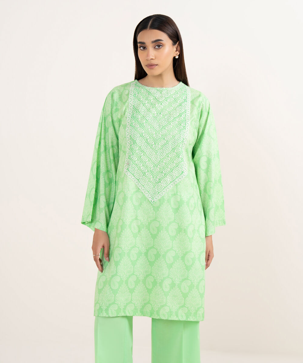 Women's RTW Lawn Green  Embroidered Straight Shirt