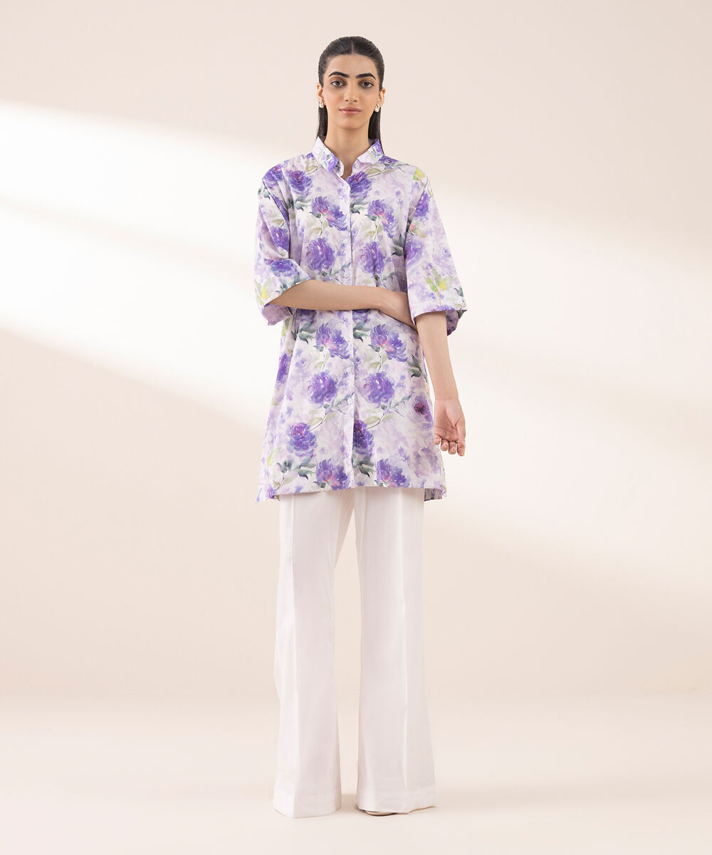 Women's RTW Lycra Purple Printed Button Down Shirt