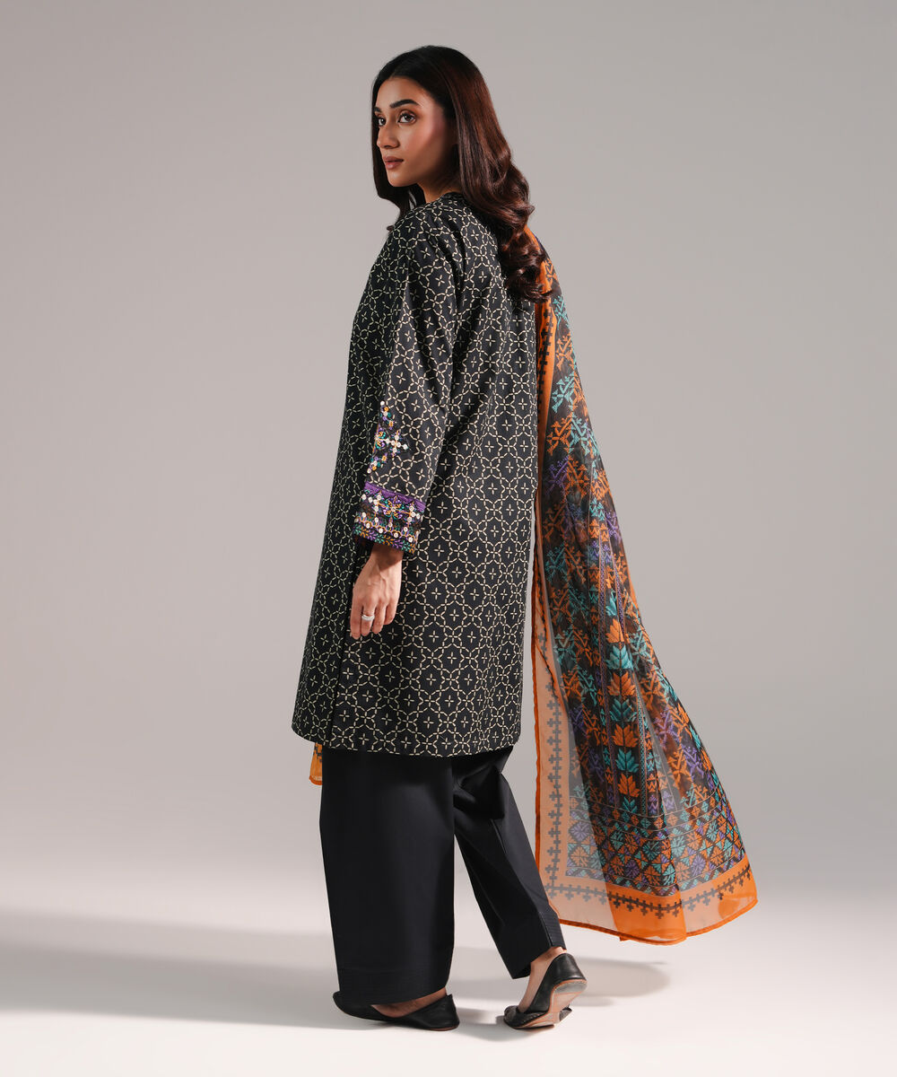Women's RTW Lawn Printed Black 3 Piece Suit