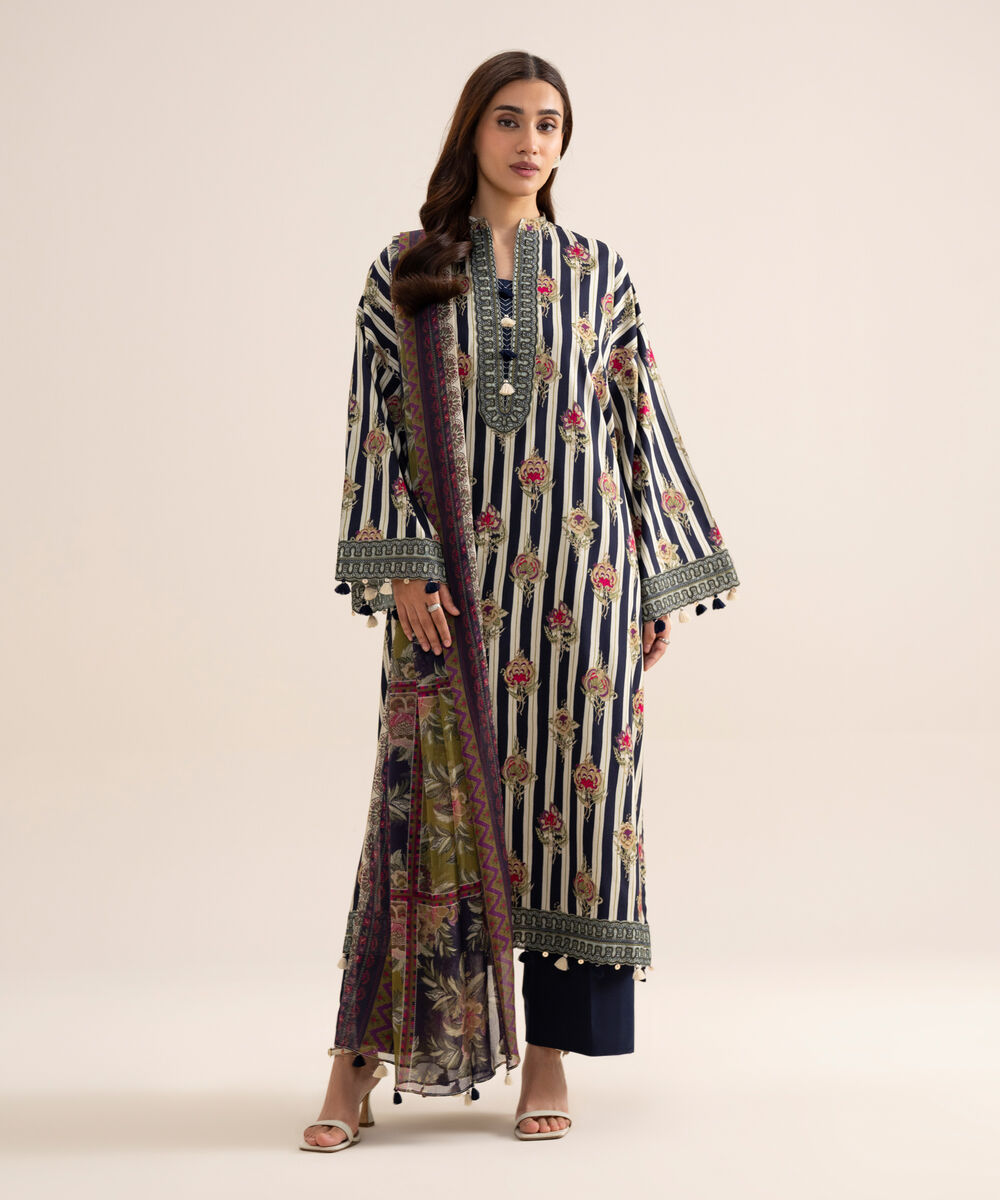 Women's Unstitched Arabic Lawn Embroidered Black & White  3 Piece Suit