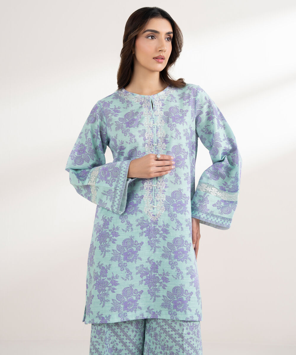 Women's RTW Light Khaddar Embroidered Straight Blue Shirt