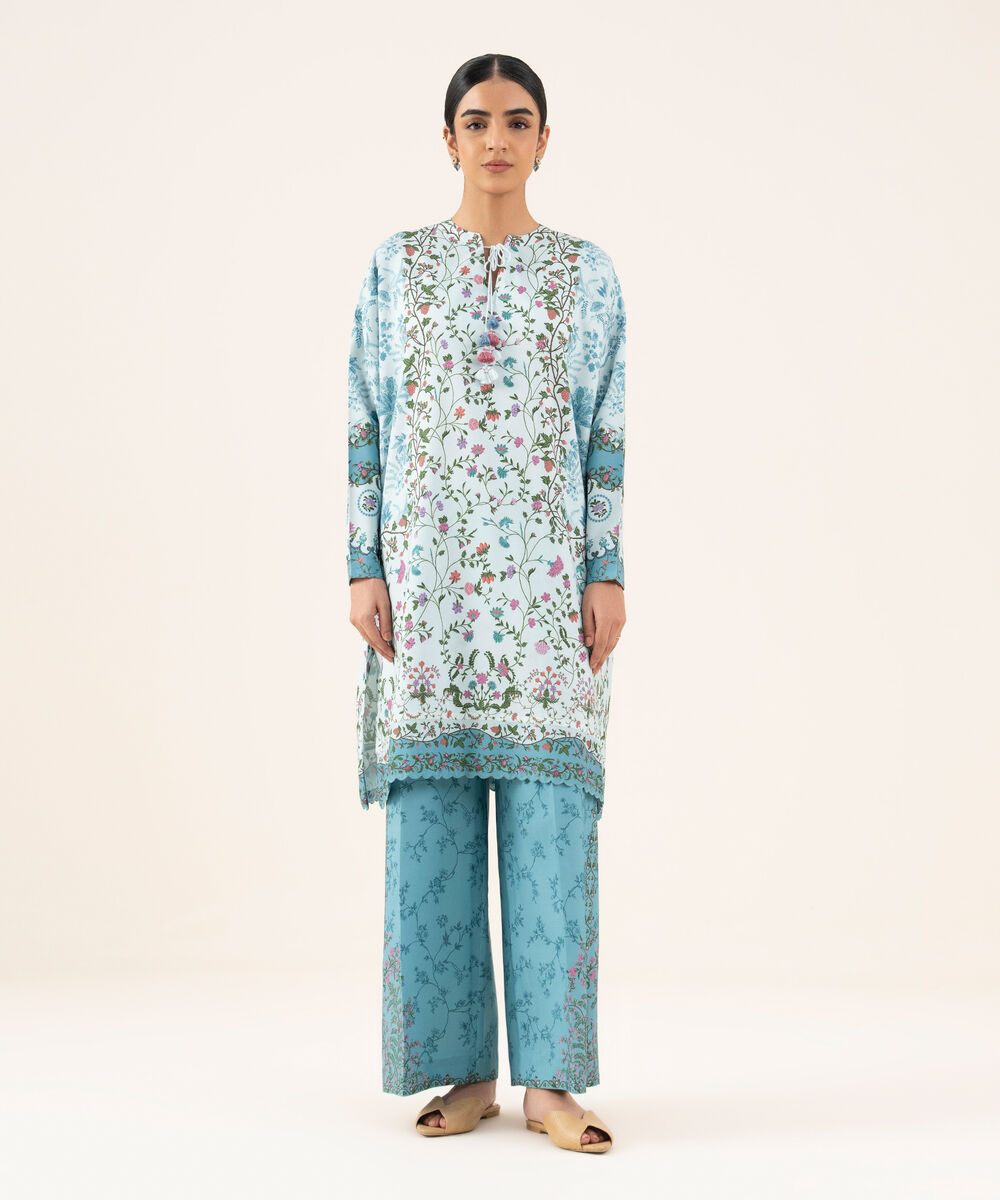 Women's Unstitched Viscose Khaddar Printed Blue 2 Piece Suit