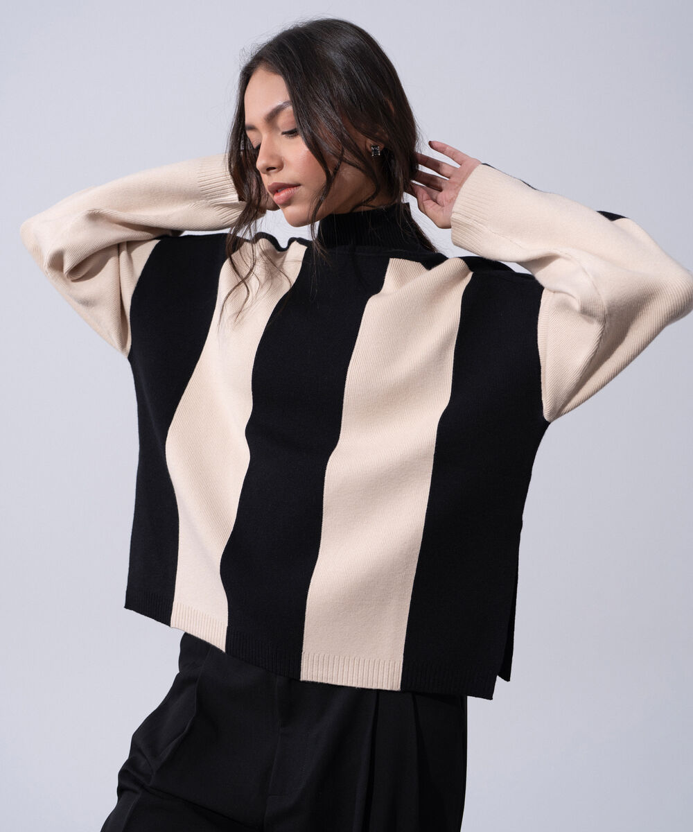 Women's Western Wear Beige And Black Loose-Fit High Neck Sweater