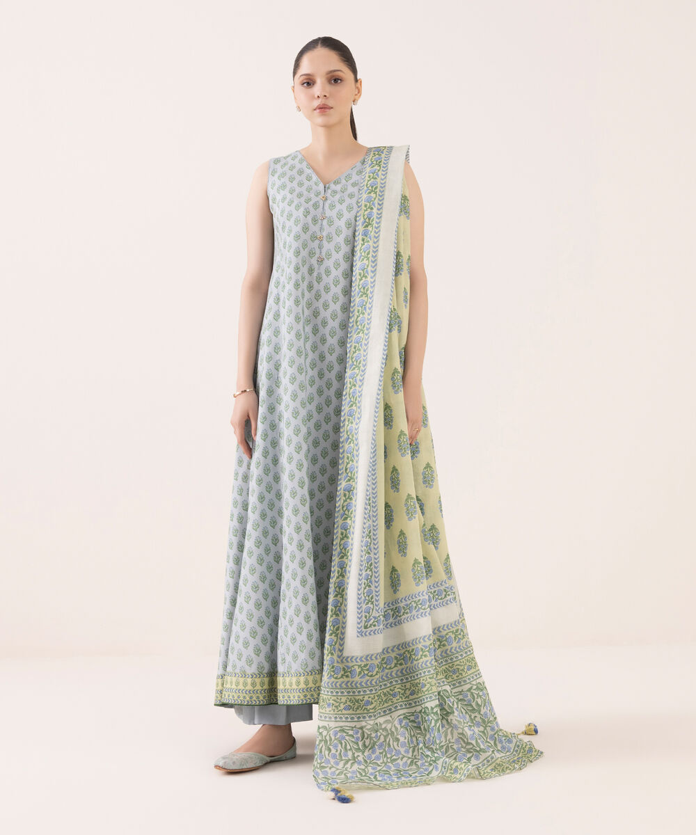 Women's Unstitched Arabic Lawn Printed Grey 3 Piece Suit