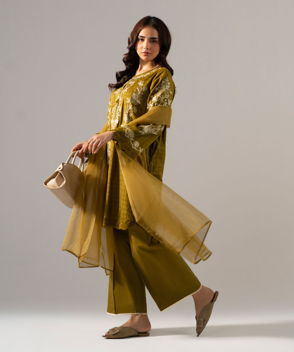 Women's RTW 3D dobby Solid Embroidered Olive Green 3 Piece Suit
