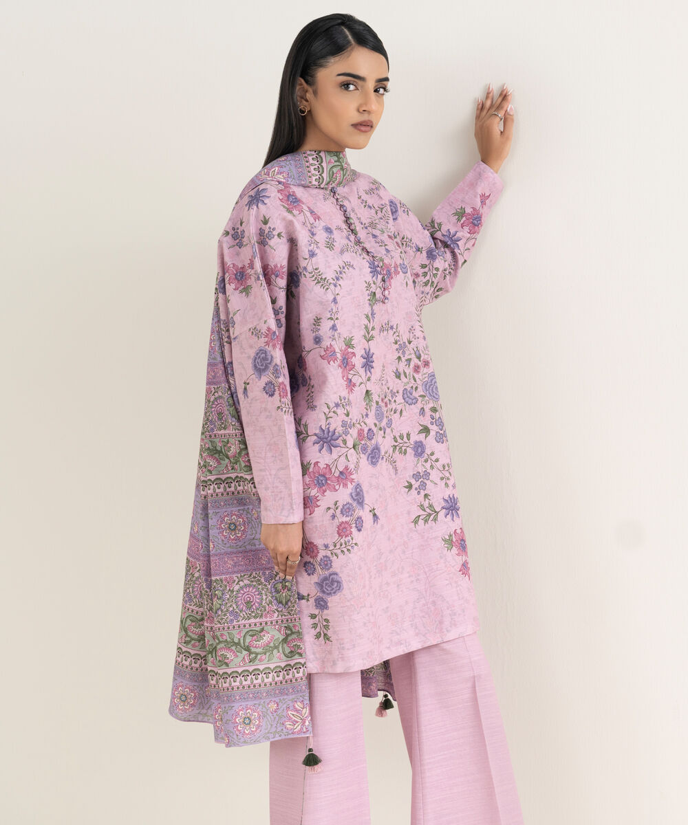 Women's Unstitched Printed Cotton Lilac 3 Piece Suit