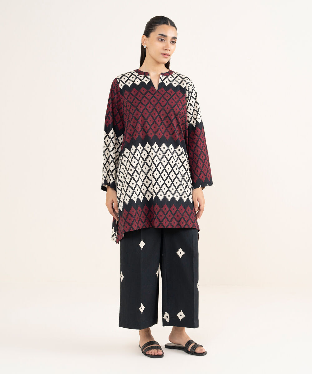 Women's RTW Seersucker Black Printed Drop Shoulder Shirt