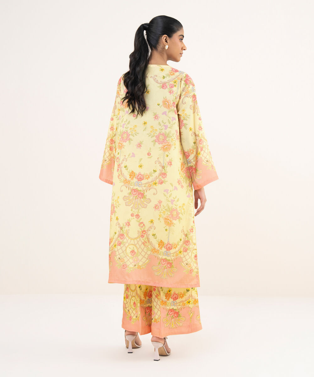 Women's RTW Blended Satin Yellow Printed A-Line 2 Piece Suit