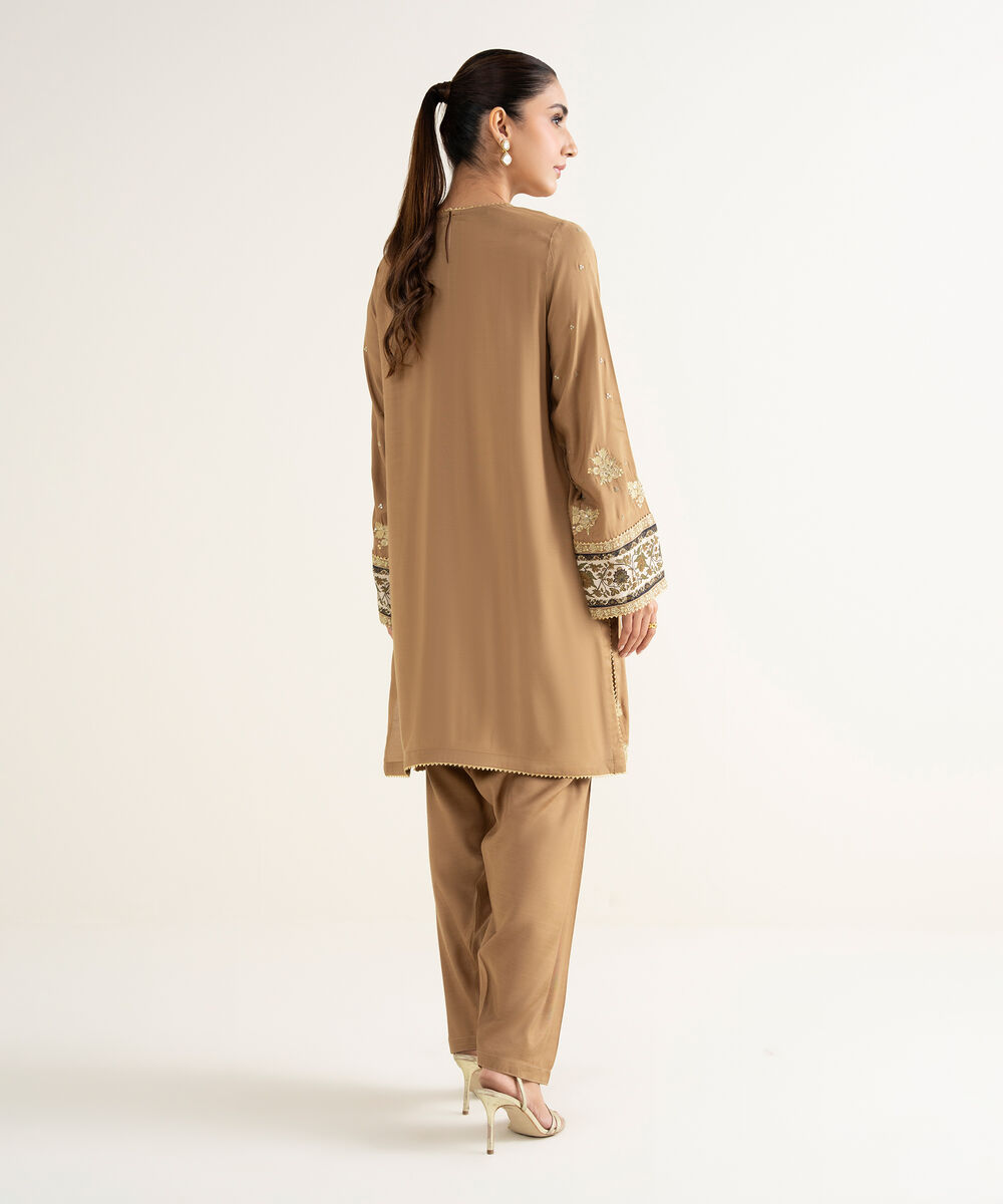 Women's RTW Viscose Raw Silk Embroidered Beige 2 Piece Suit