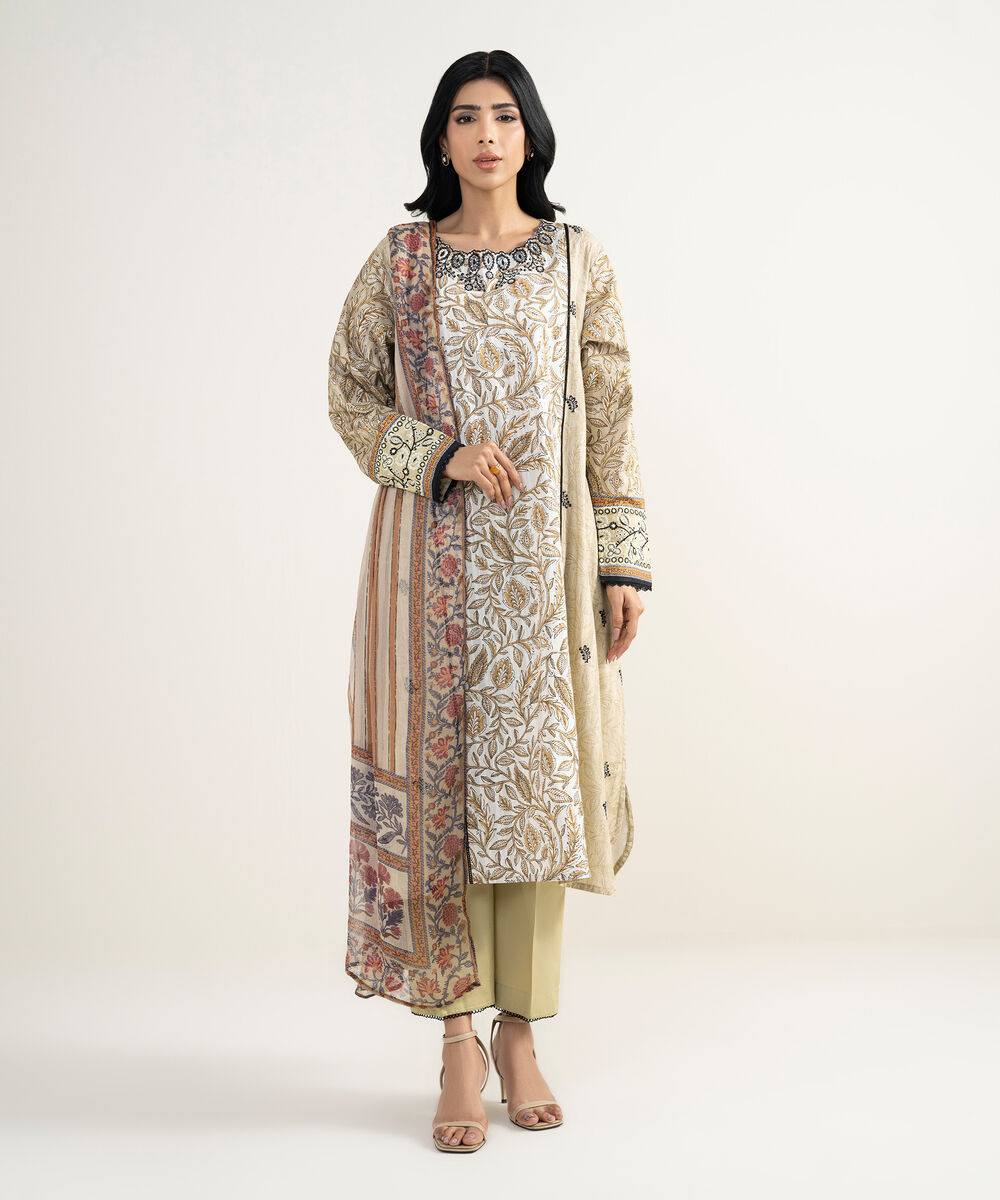 Women's RTW Dobby Embroidered Beige 3 Piece Suit