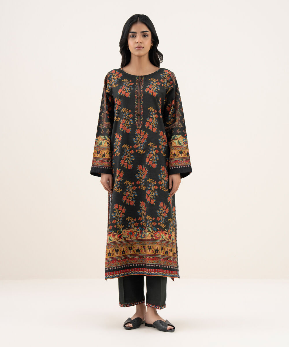 Women's RTW Light Khaddar Embroidered A-Line Black Shirt