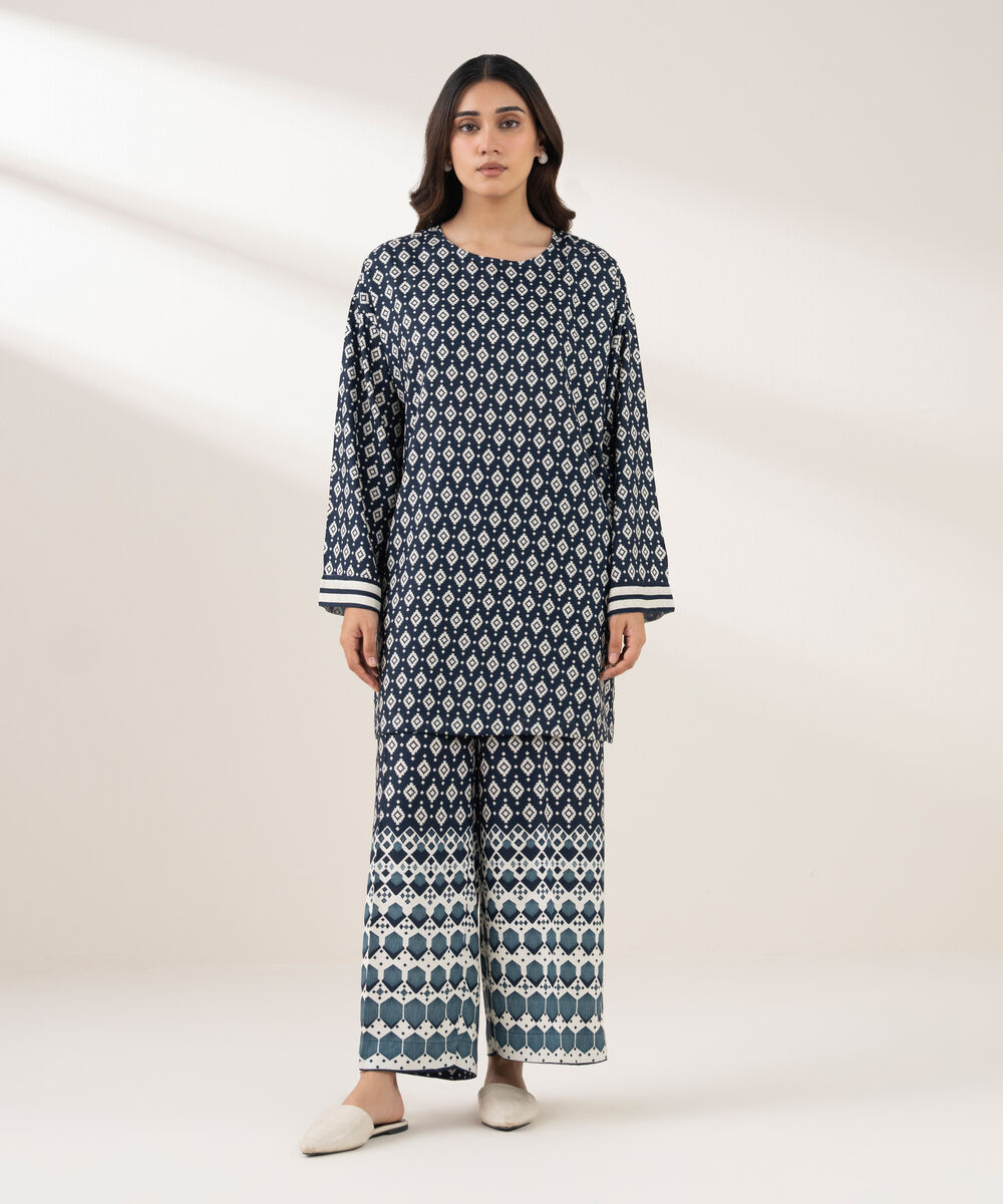 Women's RTW Viscose Linen Printed Straight Blue Shirt