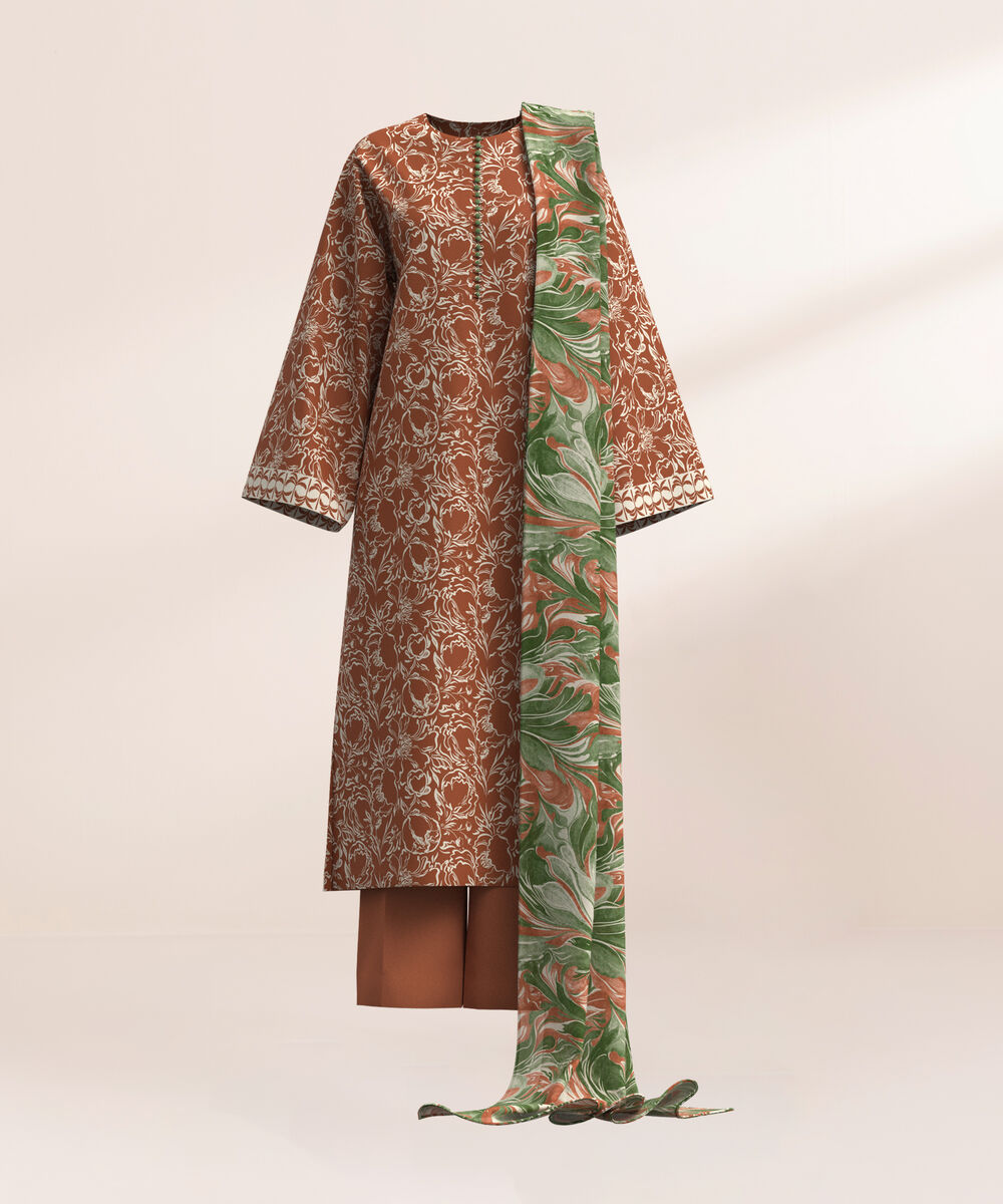 Women's Three Piece Printed Blue and Grey Lawn Suit