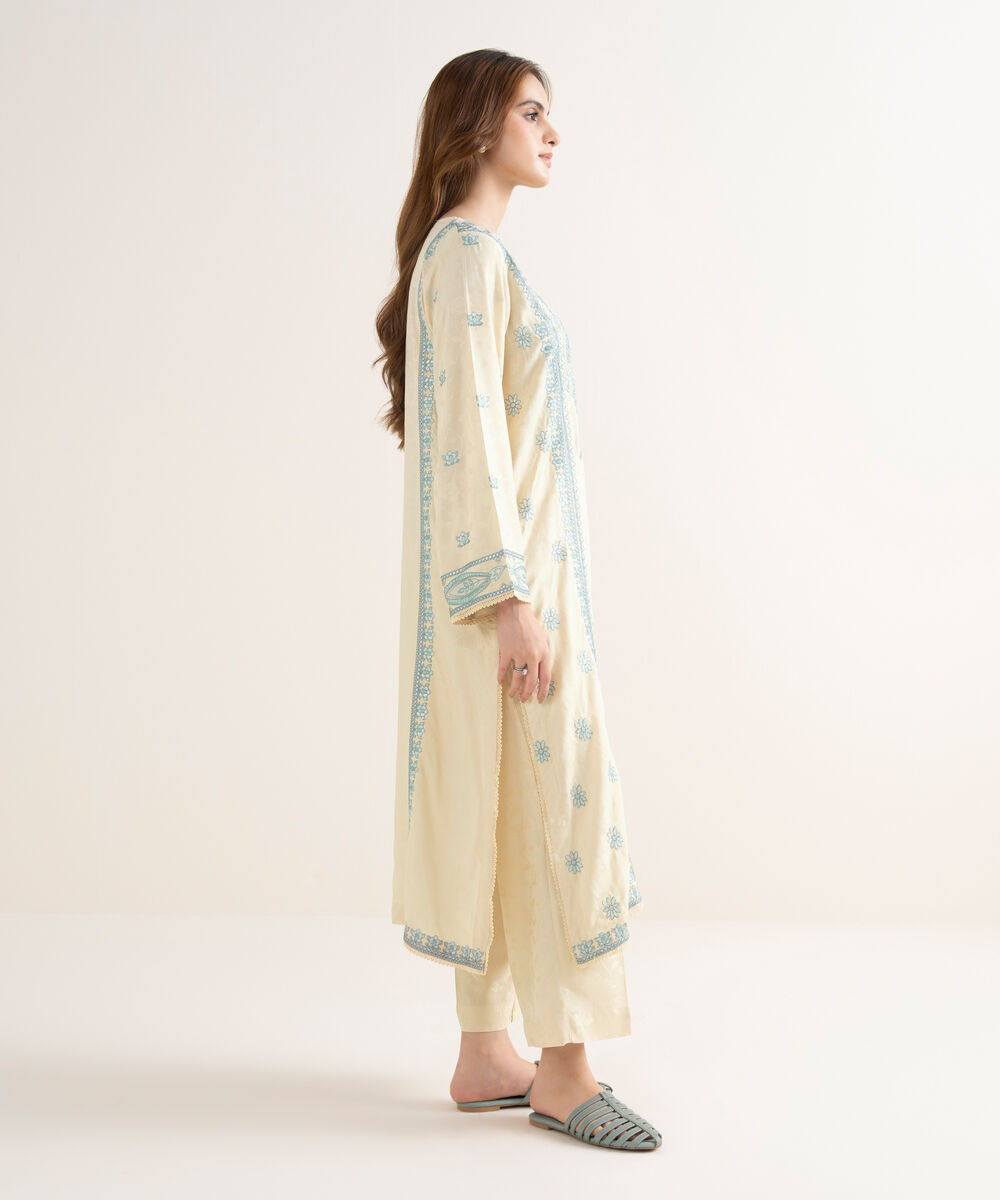 Women's RTW Textured Viscose Embroidered A-Line Off White Shirt