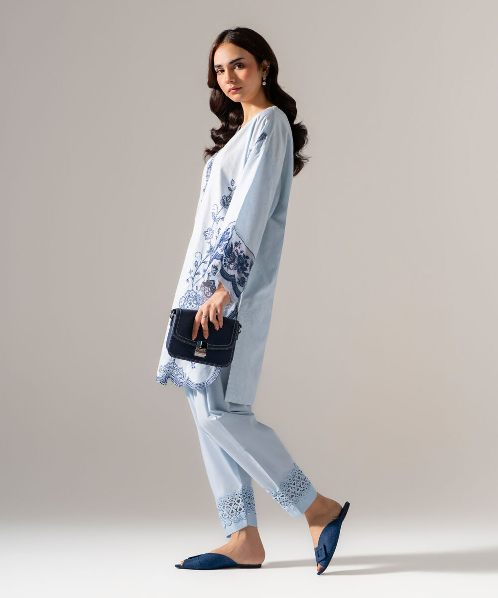 Women's RTW Self Jacquard Solid Embroidered Blue 2 Piece Suit