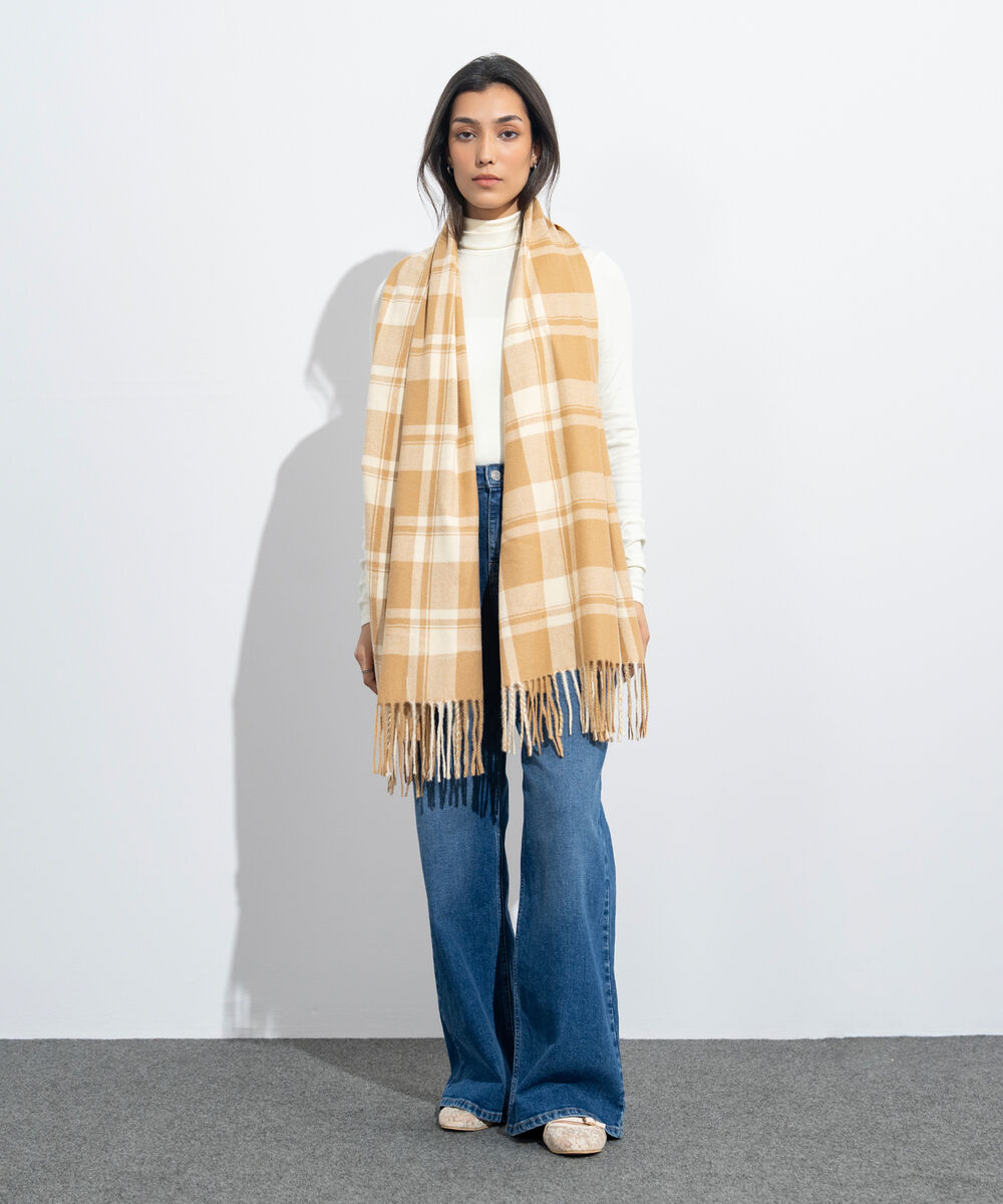 Women's Western Wear Beige & Off White Plaid Woollen Scarf