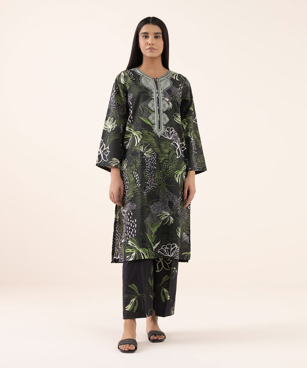 Women's RTW Texured Lawn Black Printed Aline Shirt