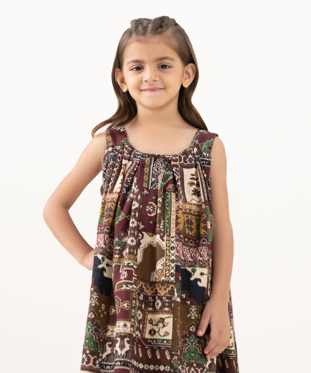 Girl's Light Khaddar Printed Brown A-Line Shirt