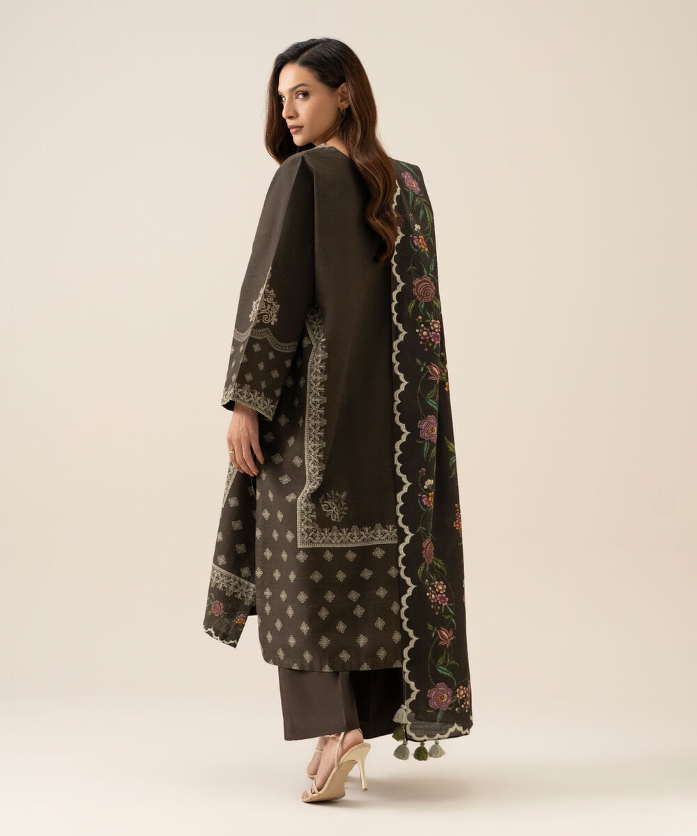 Women's Unstitched Light Khaddar Embroidered Brown 3 Piece Suit