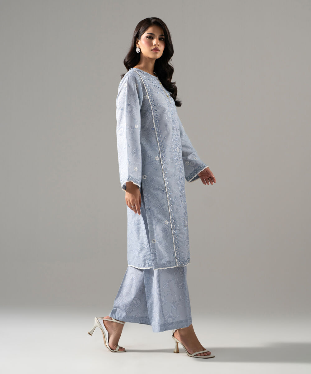 Women's RTW Fancy Cotton Printed Embroidered Blue 2 Piece Suit