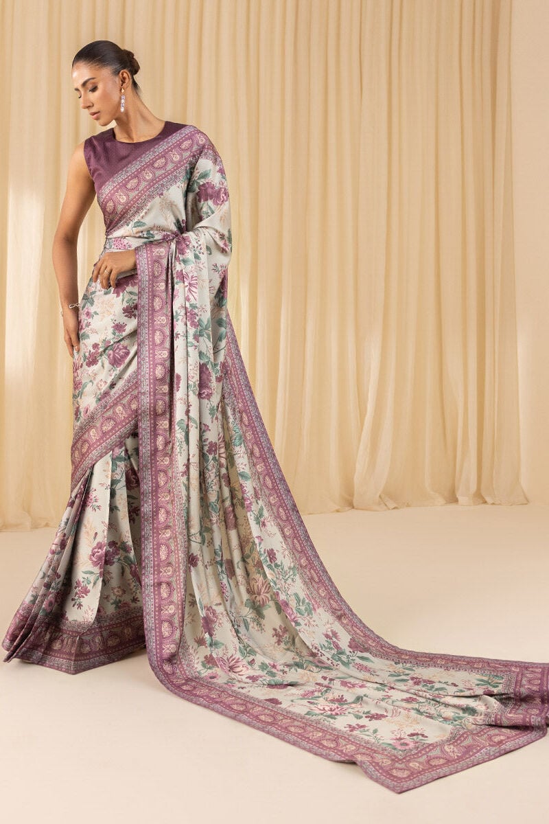 3 Piece -  Printed Satin Saree