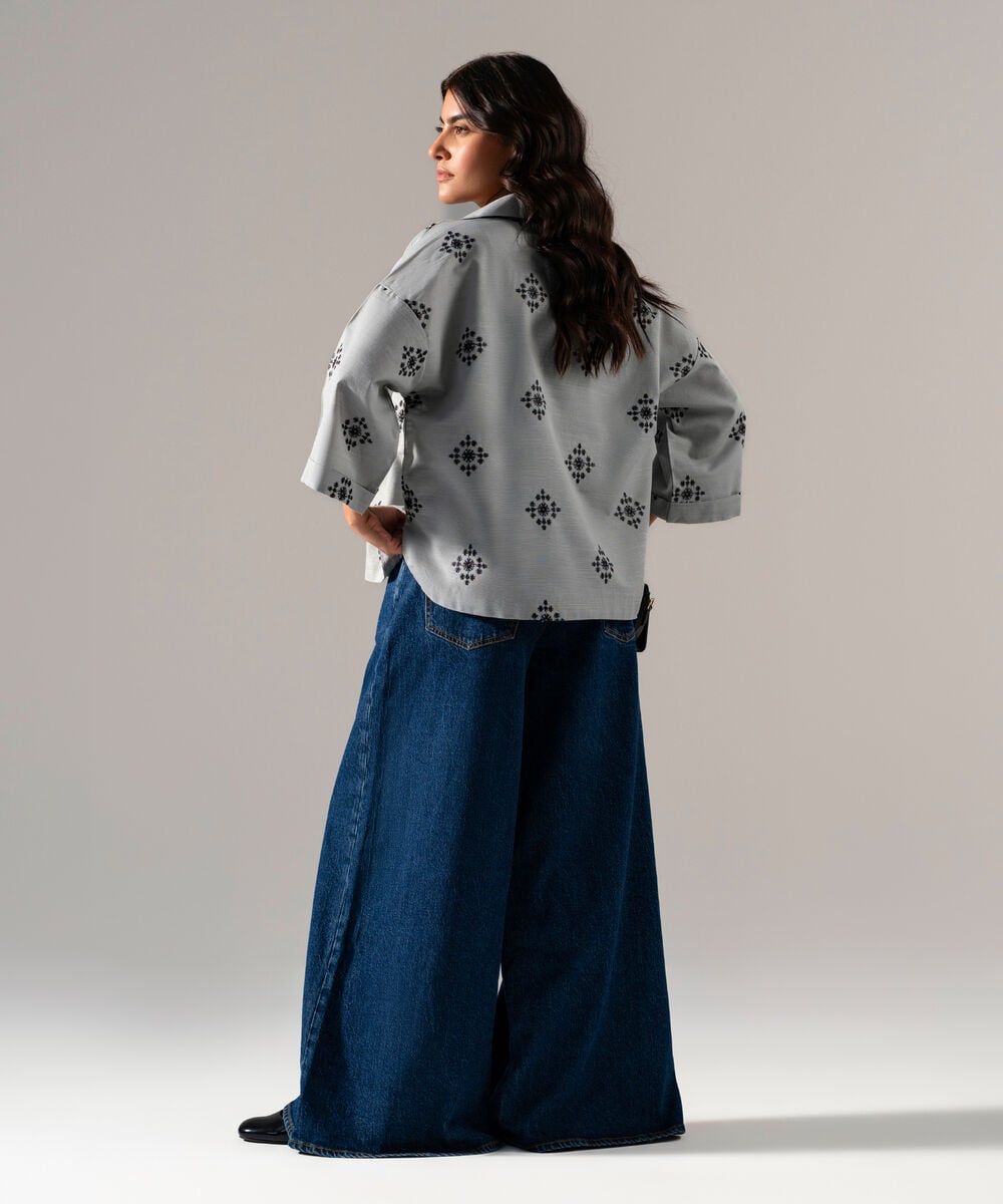 Women's RTW Solid Embroidered Steel Blue Khaddar Shirt