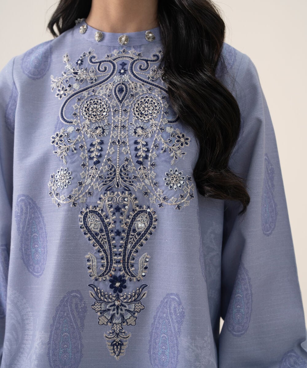 Women's Unstitched Cotton Printed Blue 3 Piece Suit