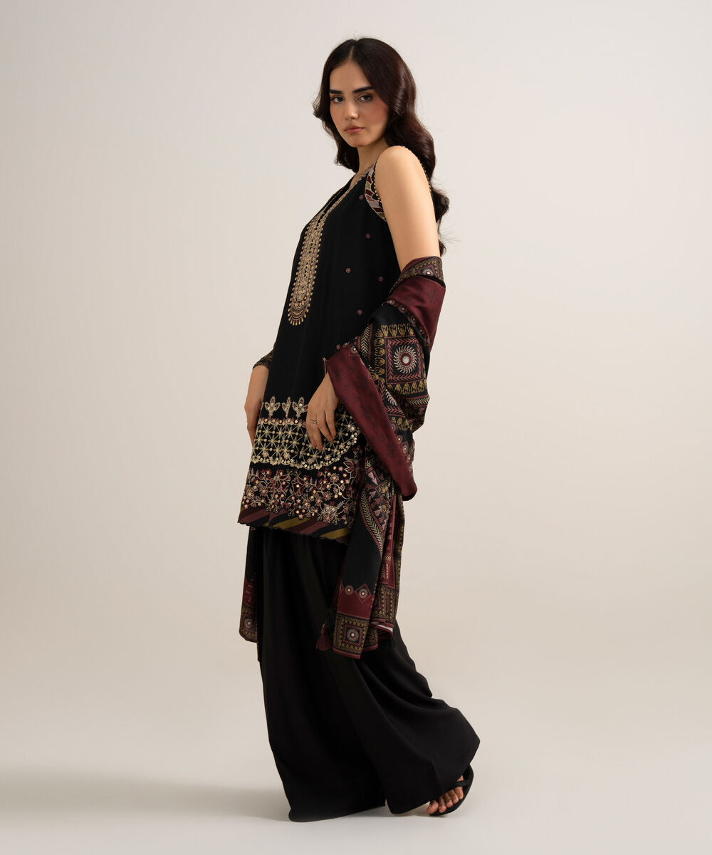 Women's Unstitched Embroidered Linen Black 3 Piece Suit