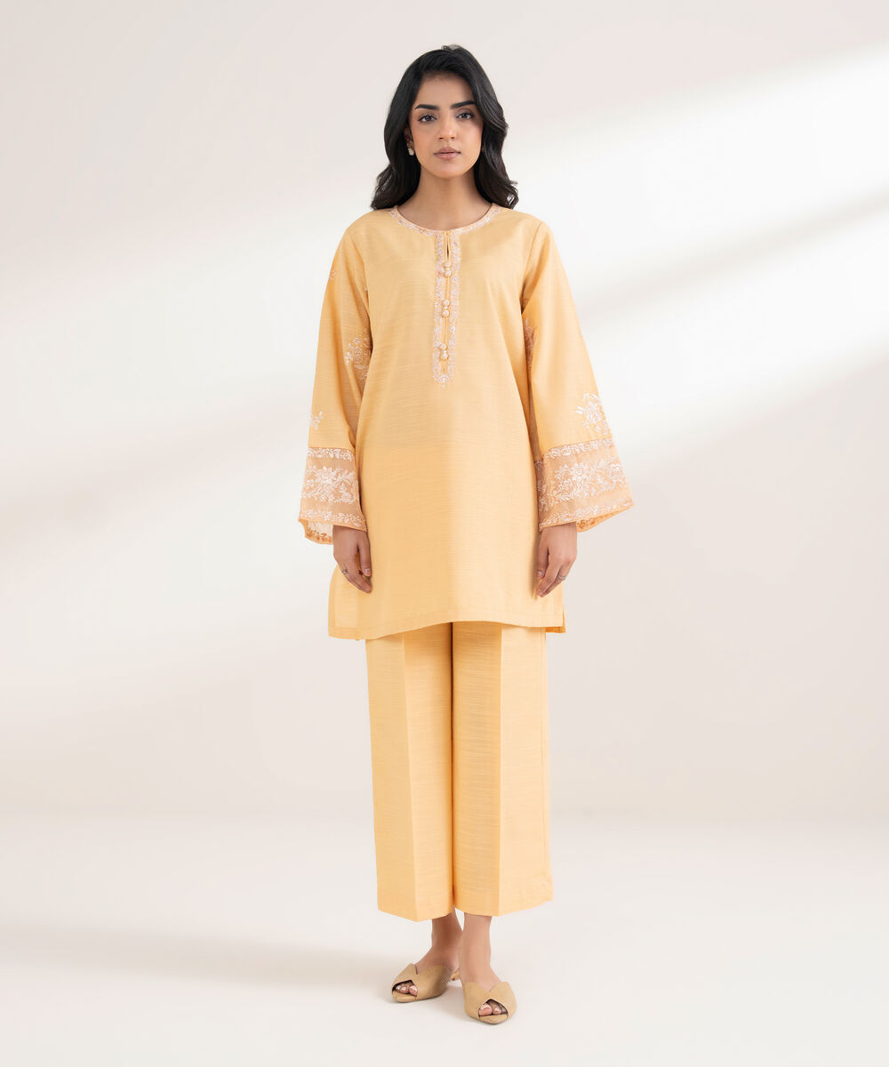Women's RTW Light Khaddar Embroidered Pale Yellow Straight Shirt