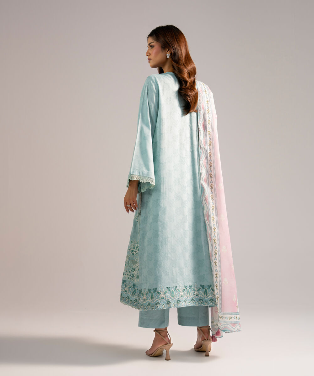 Women's RTW Self Jacquard Embroidered Blue 3 Piece Suit