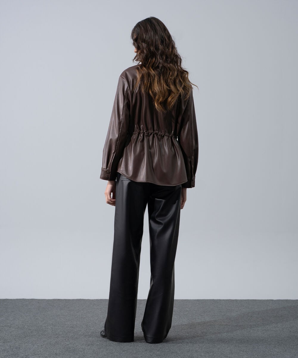 Women's Western Wear Brown Polyester Faux-Leather Drawstring Top
