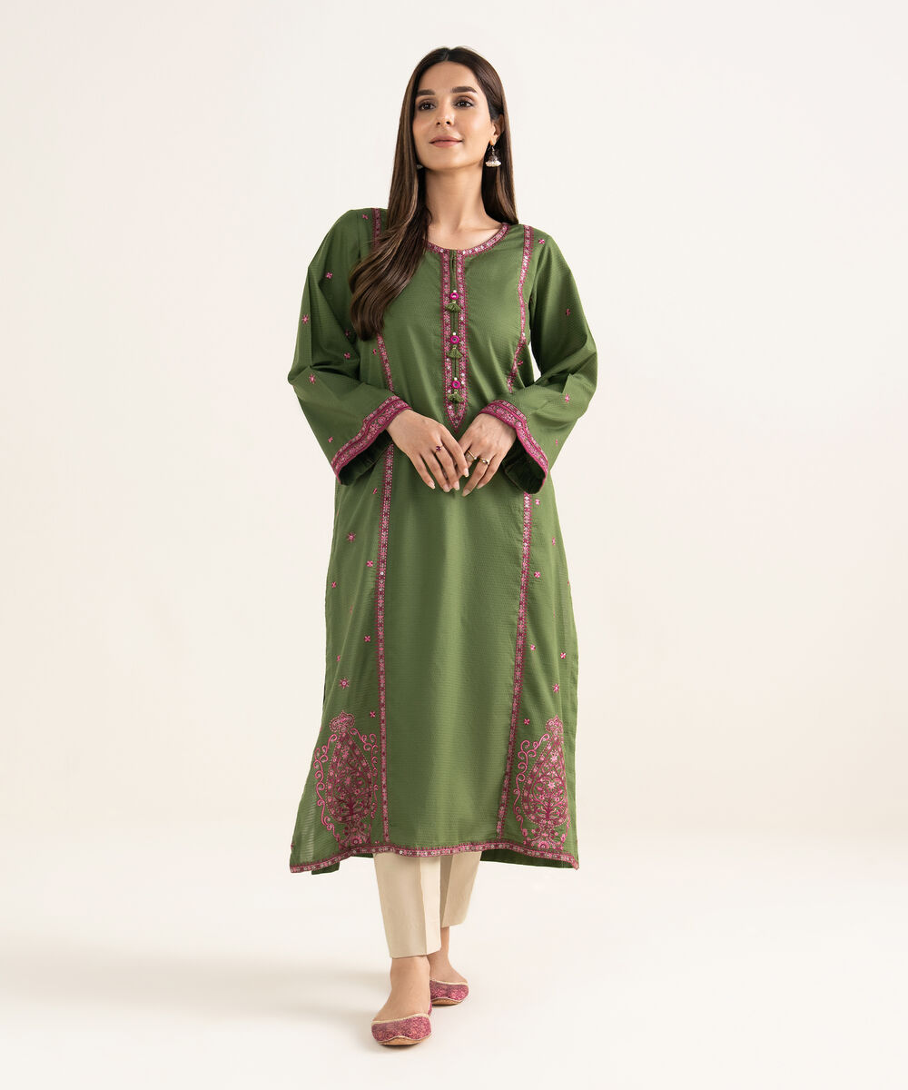 Women's RTW Textured Cotton Green Embroidered A-Line Shirt