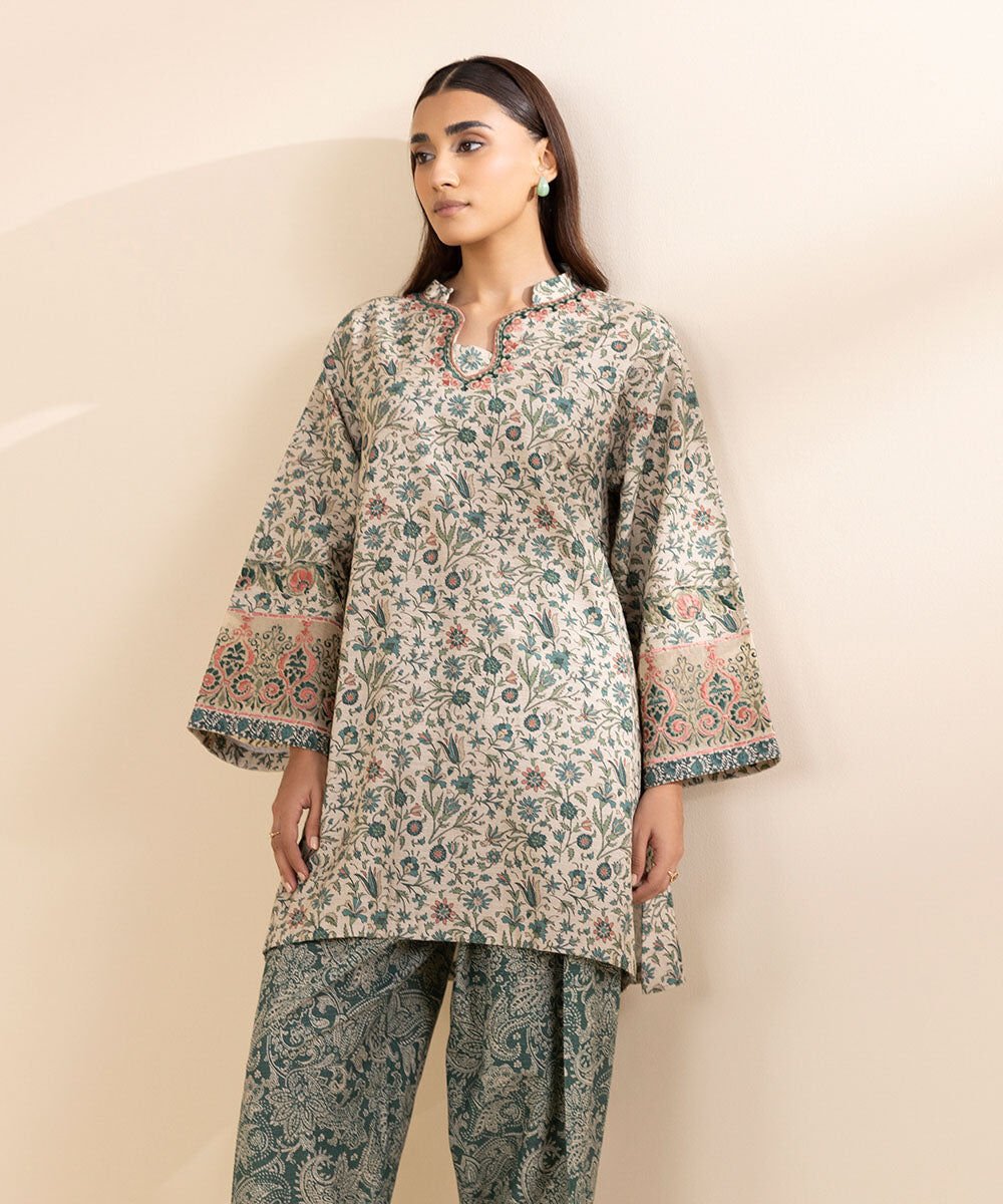 2 Piece - Embroidered Khaddar Suit Women's Pret Khaddar Green Embroidered 2 Piece Suit