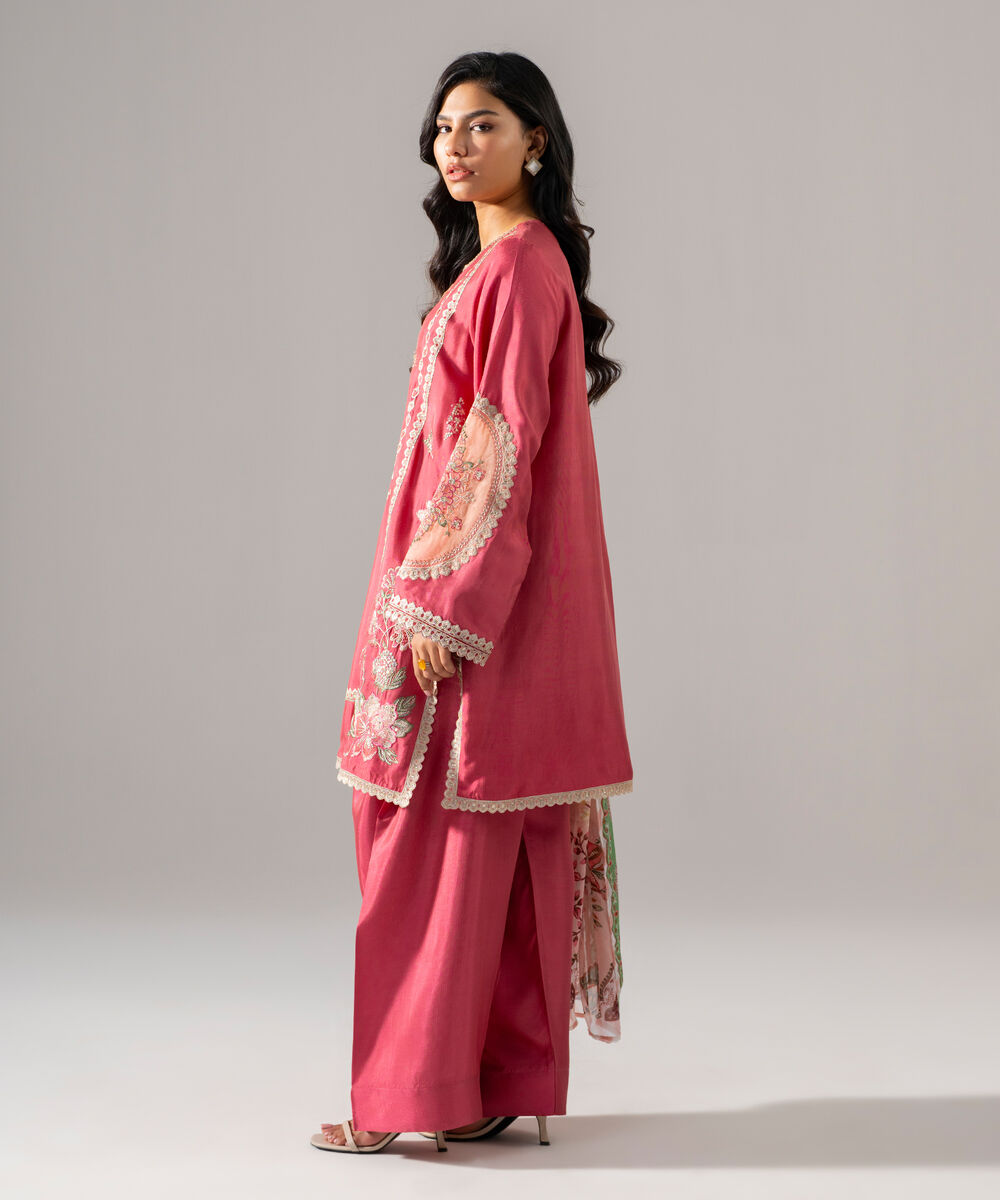 Women's RTW Bright Raw Silk Embroidered Pink 3 Piece Suit