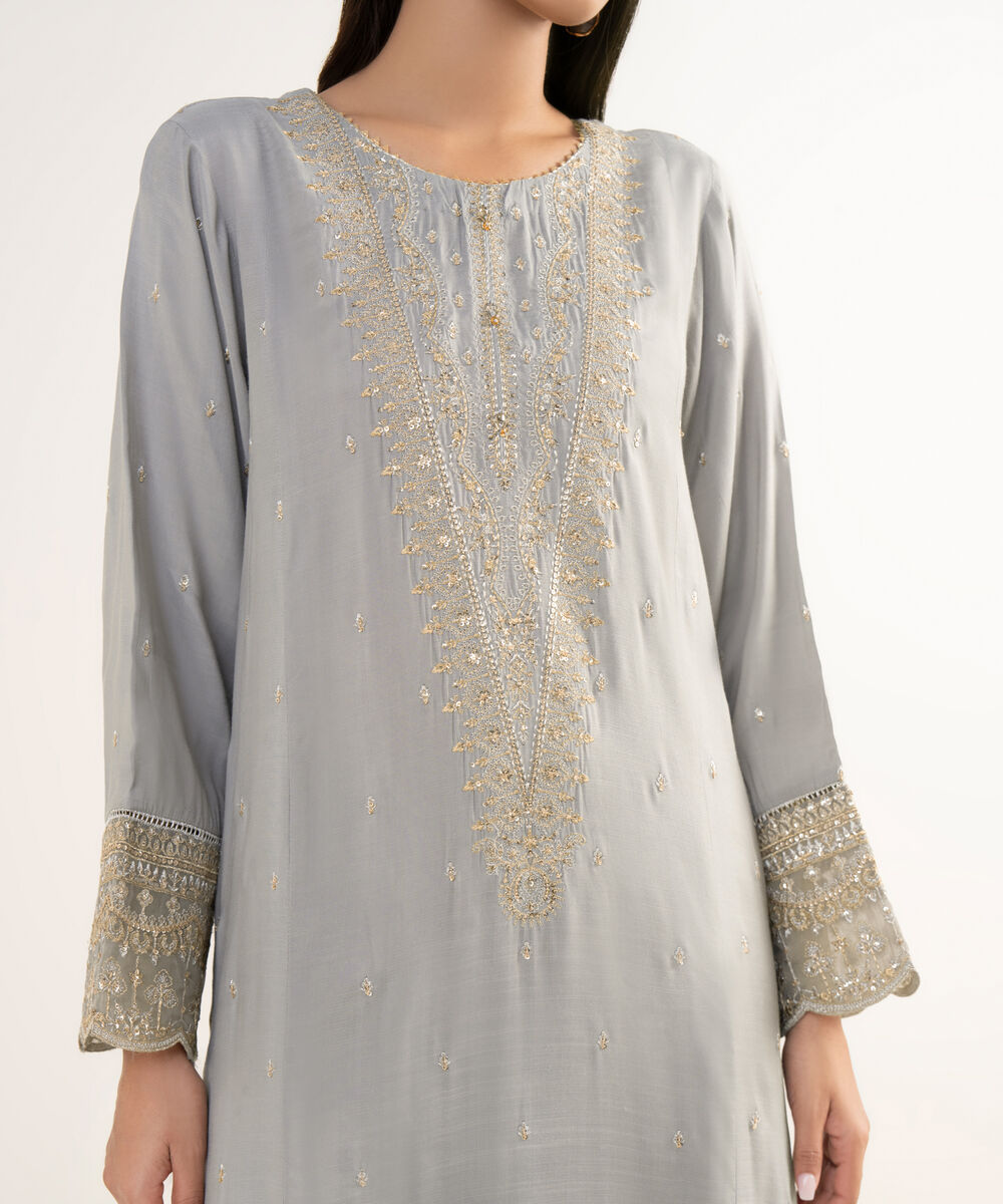 Women's RTW Viscose Raw Silk Grey Embroidered 3 Piece Suit