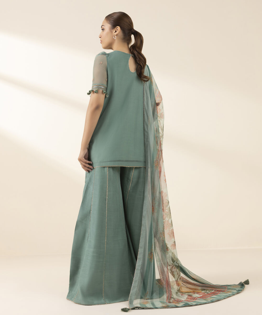 Unstitched Women's Green Blended Net 3 Piece Suit