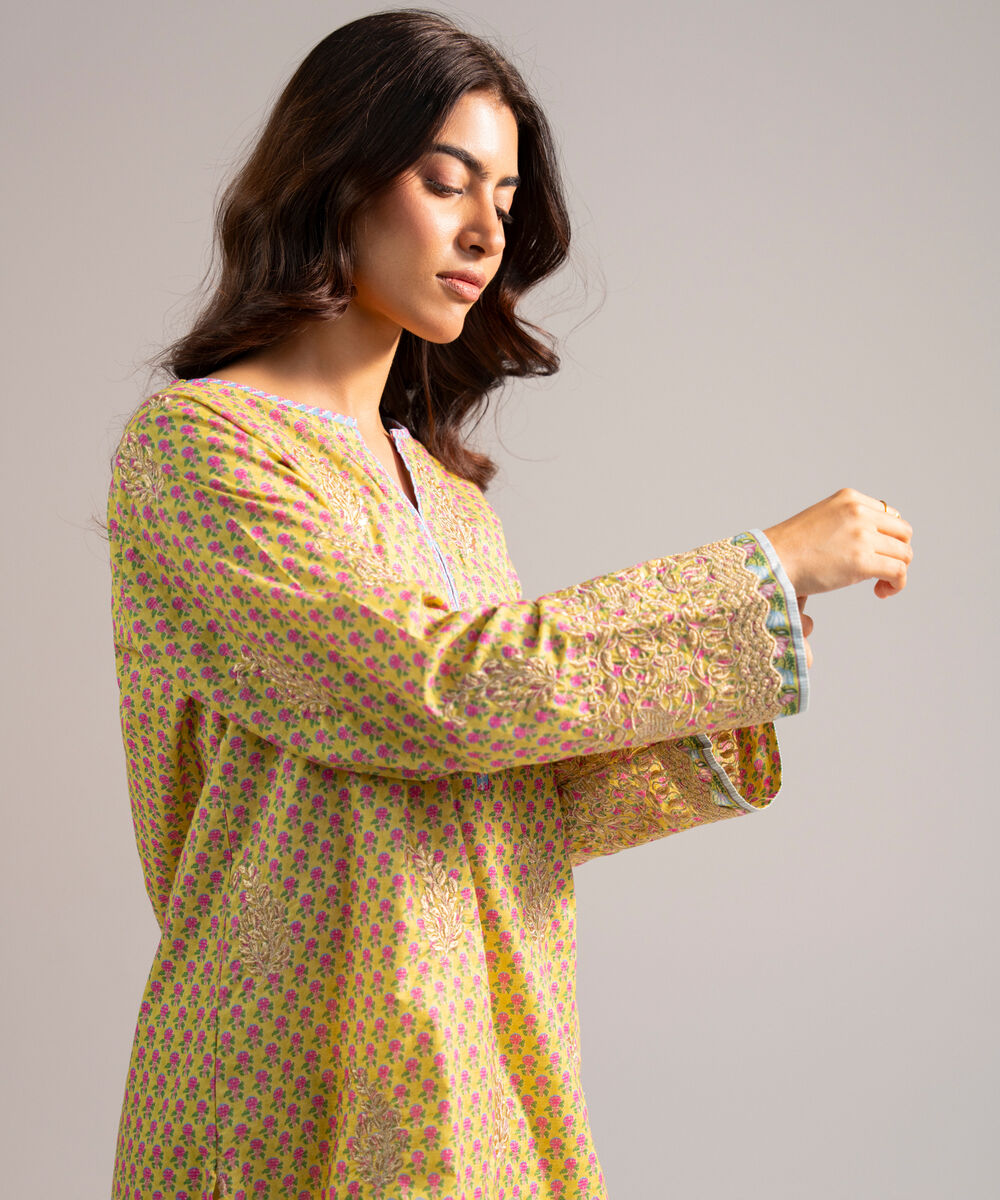 Women's RTW Zari Lawn Embroidered Lime Green Straight Shirt
