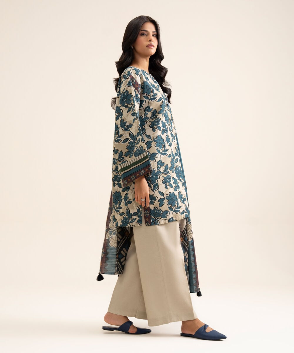 Women's Unstitched Light Khaddar Printed Blue & Off White 3 Piece Suit