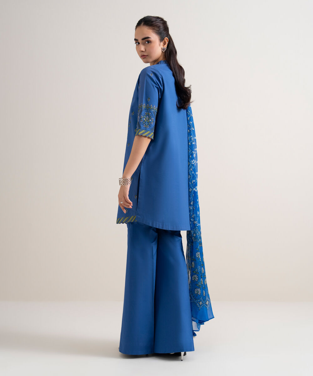 Women's Unstitched Fine Cotton Satin Embroidered Blue