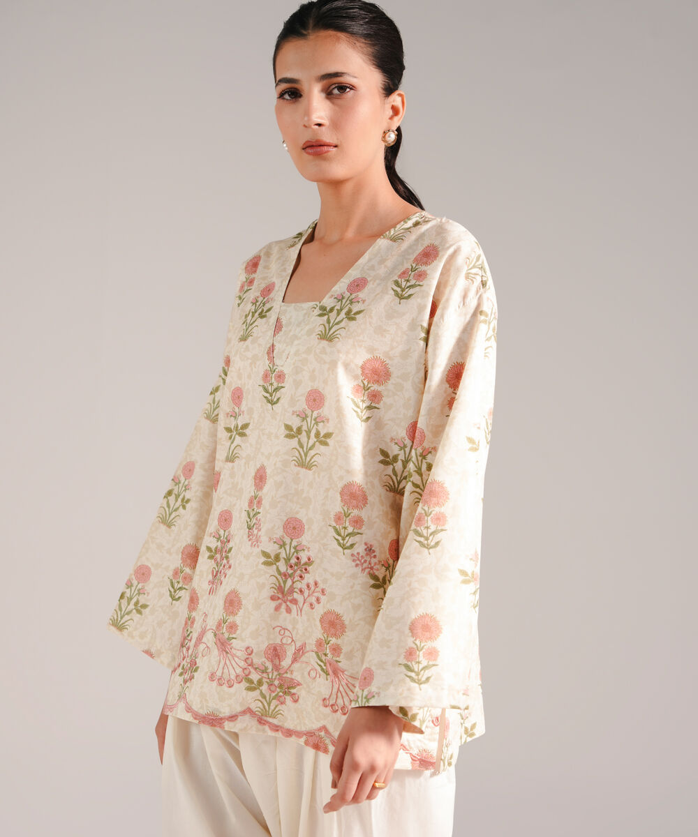 Women's RTW Textured Lawn Embroidered Beige 2 Piece Suit